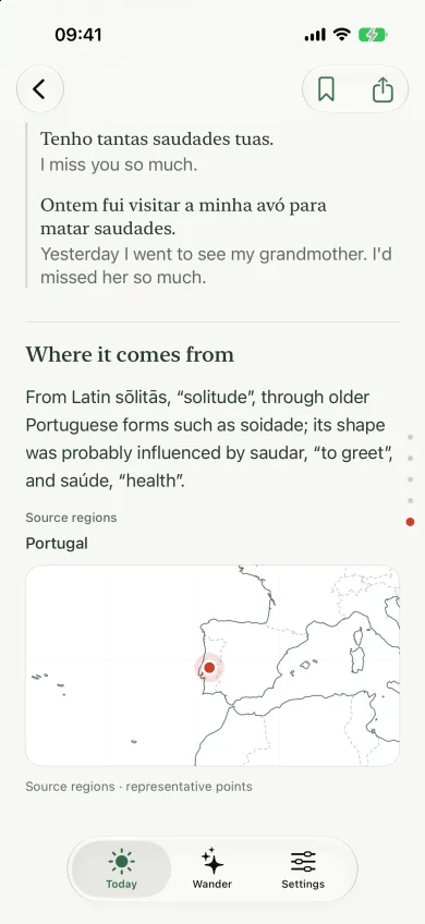 A word page with a line map of where saudade comes from