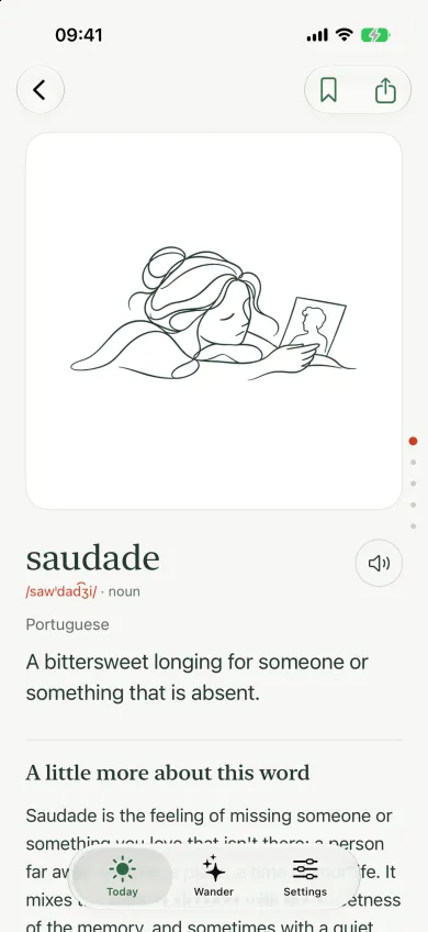 The word page for saudade, explained in your reading language